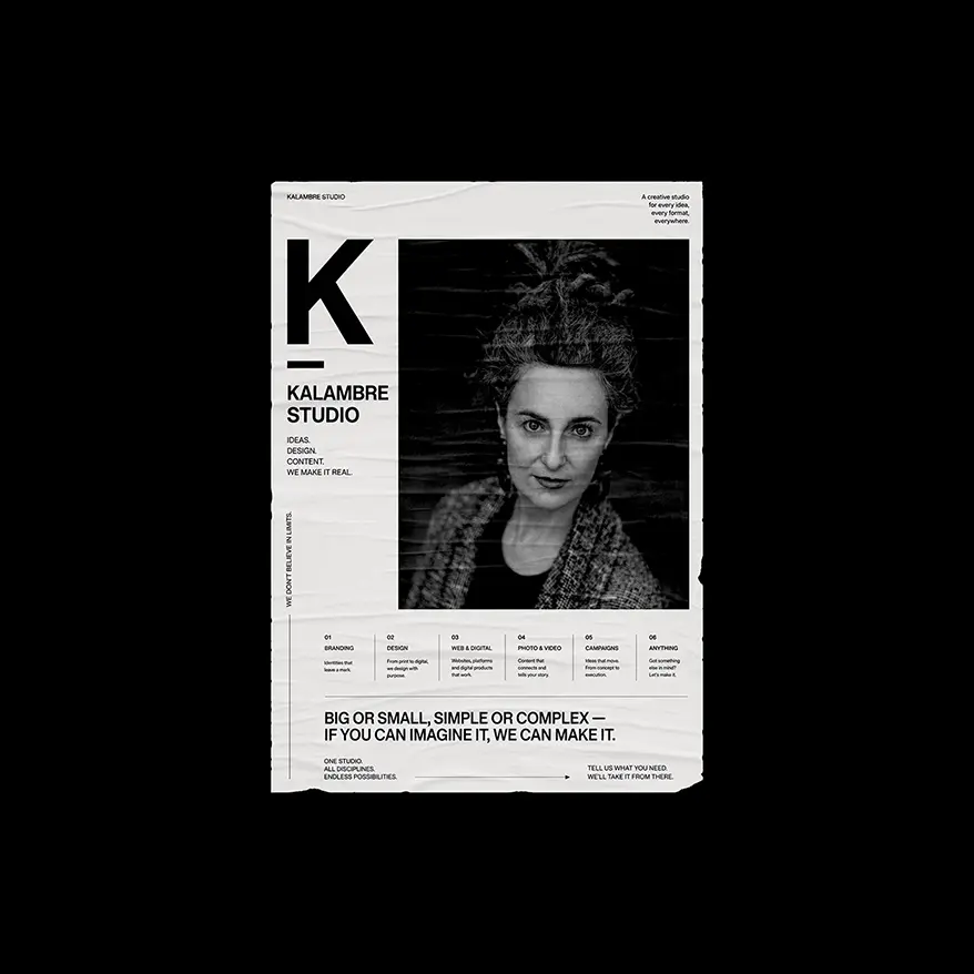 Black and white editorial poster for Kalambre Studio with a woman's portrait, a large K and the studio's service list on wrinkled paper
