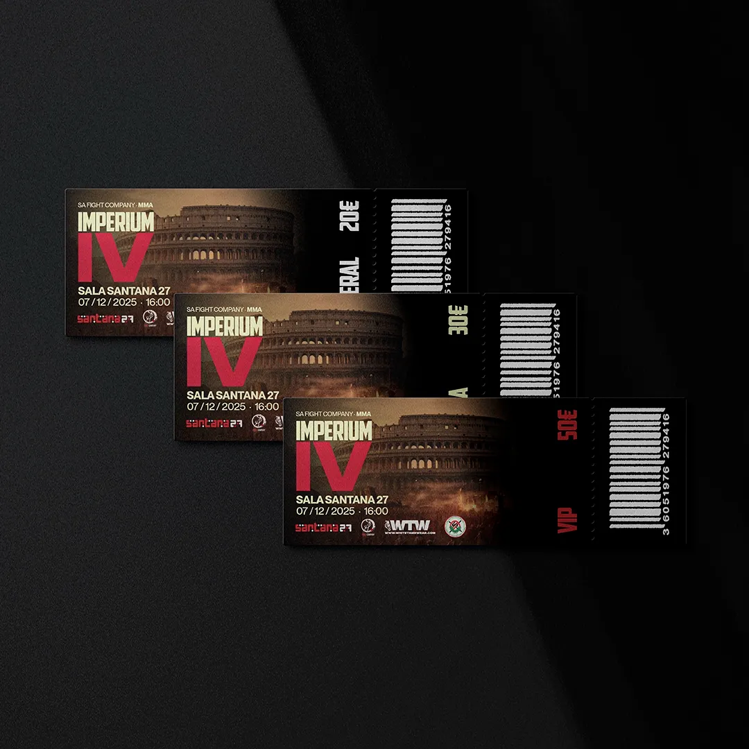 Three MMA event tickets for SA Fight Company's Imperium IV at Sala Santana 27 in Bilbao, with a Colosseum image and red typography on black