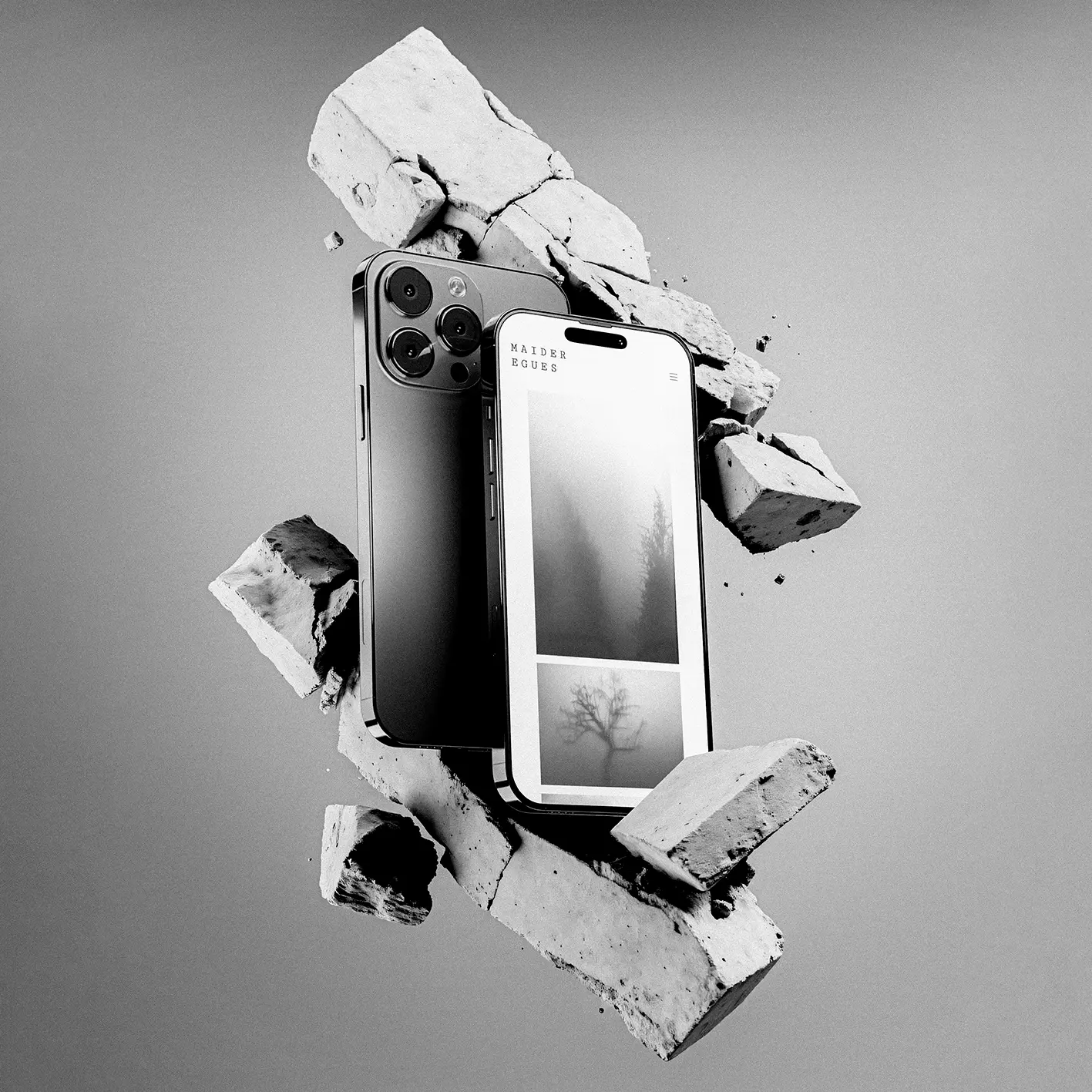 Maider Egues website on two iPhones floating among concrete blocks, featuring misty black-and-white tree photography.