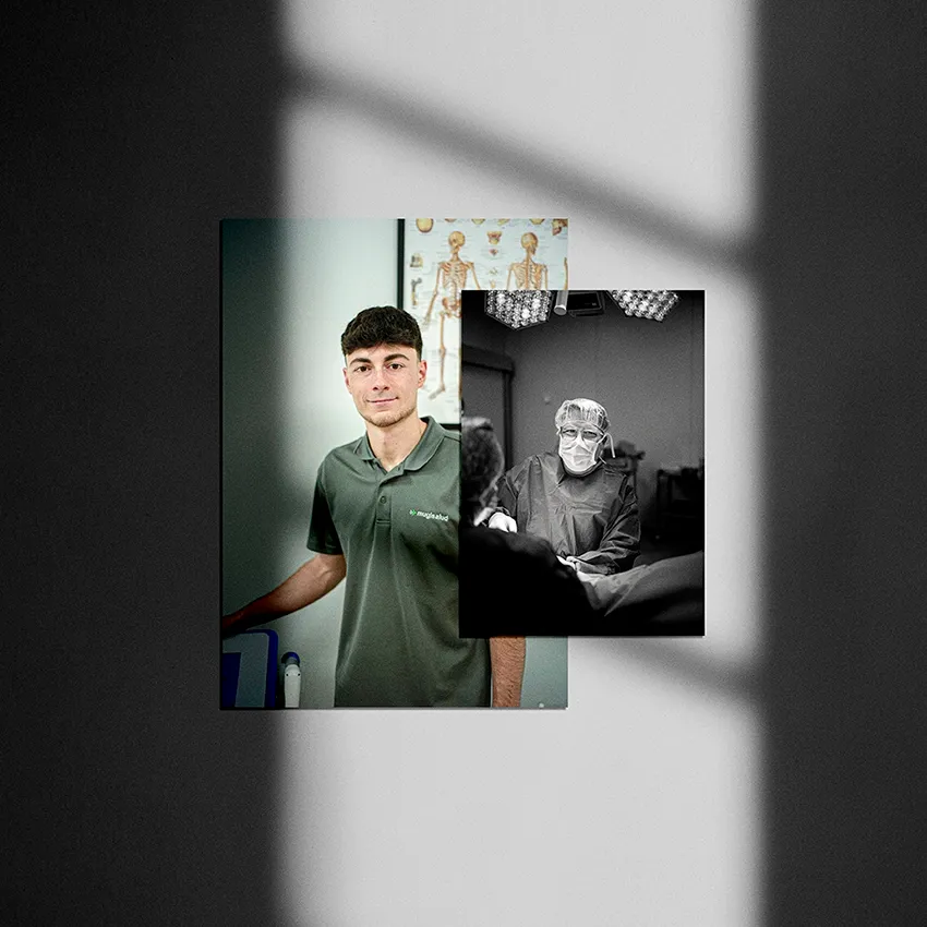 Two overlapping photos: a portrait of a Mugisalud physiotherapist in a green polo and a black and white operating-room scene