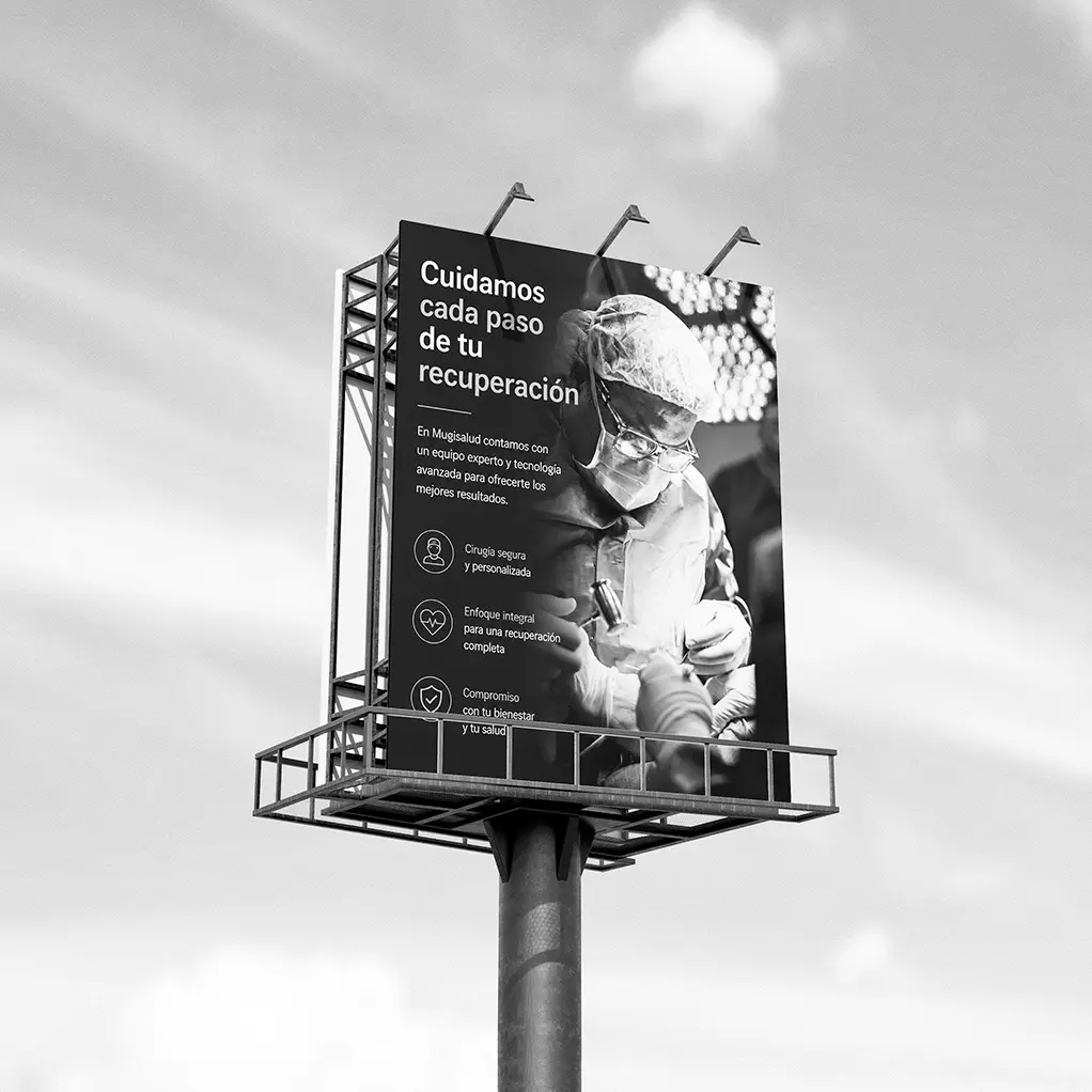 Mugisalud billboard about patient recovery with a surgery image and the slogan 'We care for every step of your recovery', graphic design
