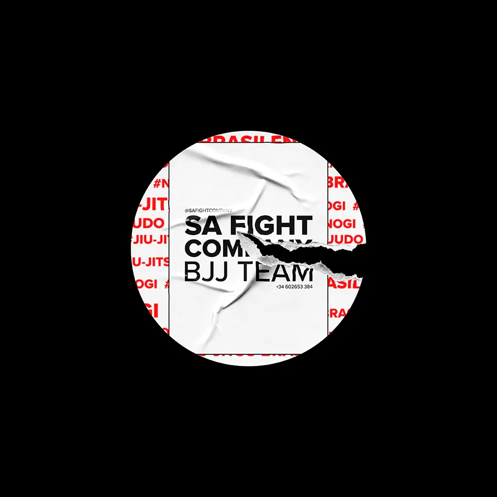Circular SA Fight Company BJJ Team sticker with a torn white poster and red jiu-jitsu, judo and nogi lettering on a black background