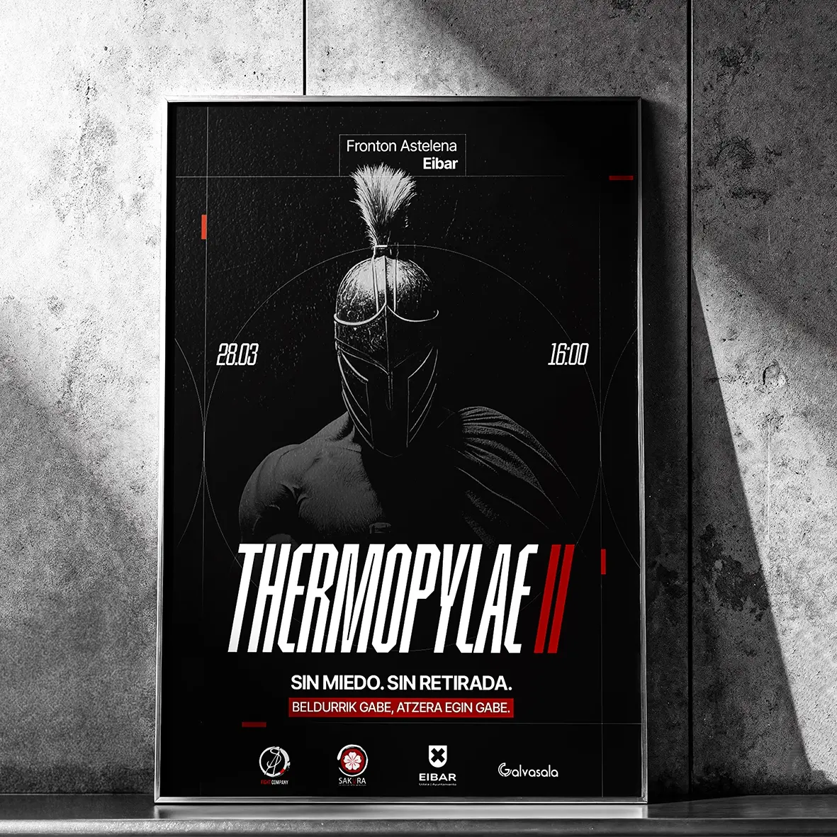 Framed poster for the Thermopylae II event featuring a Spartan warrior, in black and red, for Frontón Astelena in Eibar.