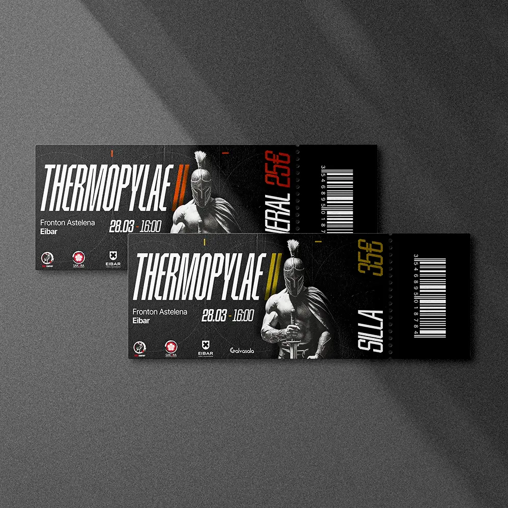Design of two Thermopylae II grappling event tickets featuring a Spartan warrior, with general and seat pricing for the Frontón Astelena in Eibar