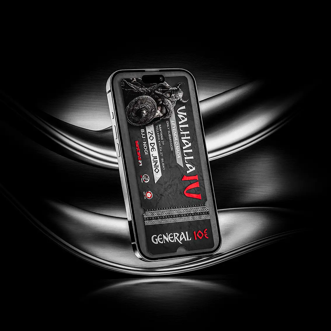 Valhalla IV grappling event ticket design on a phone screen, Viking-themed in black and red, for the Bilbao event.